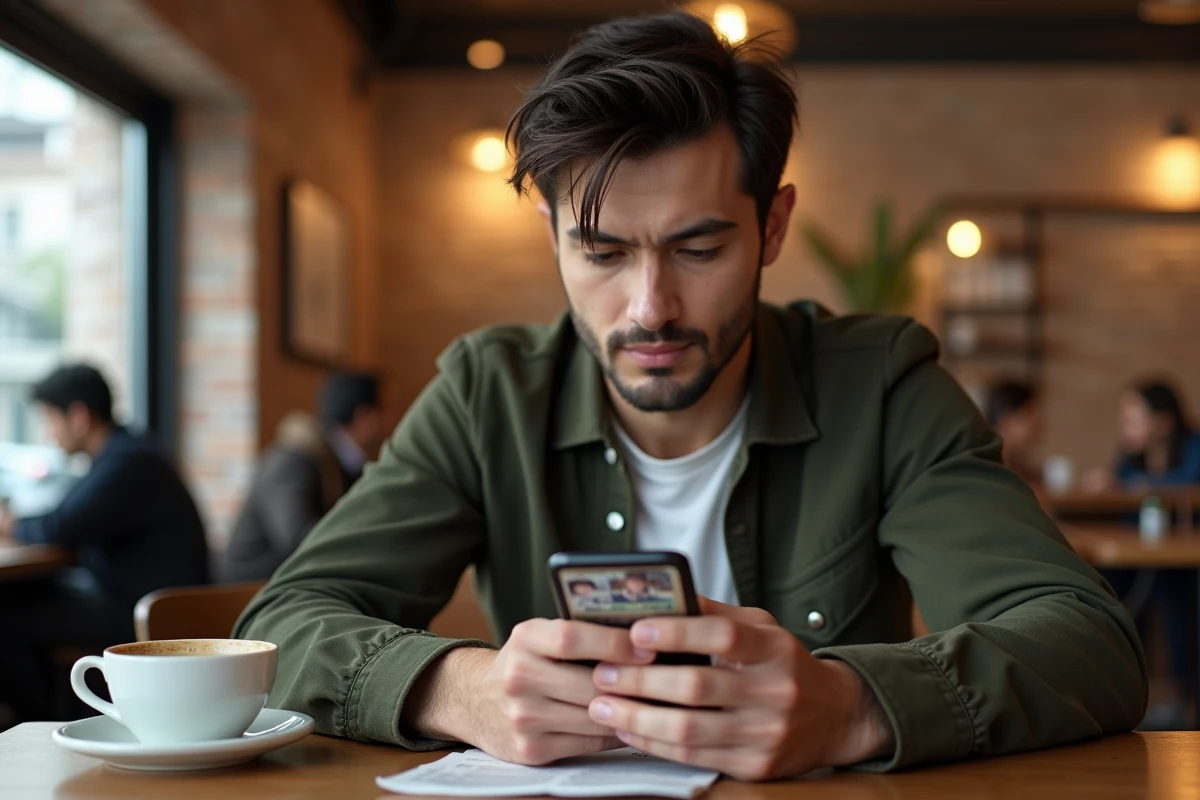 Homme adulte consultant un site de scan manga sur son smartphone dans un café urbain moderne avec un expresso sur la table