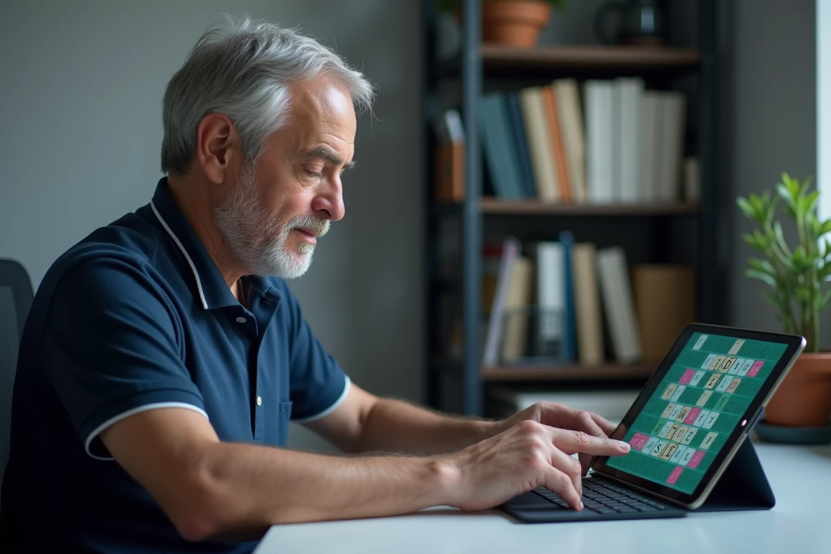 Homme consultant une solution de jeu 4 Images 1 Mot 8 lettres sur une tablette dans un bureau à domicile