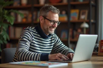 Homme souriant avec ordinateur et comic Astérix