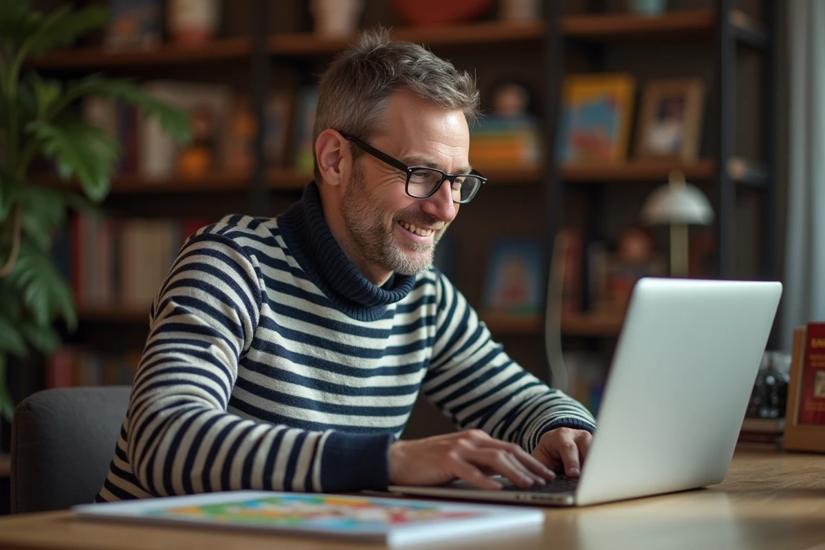Homme souriant avec ordinateur et comic Astérix