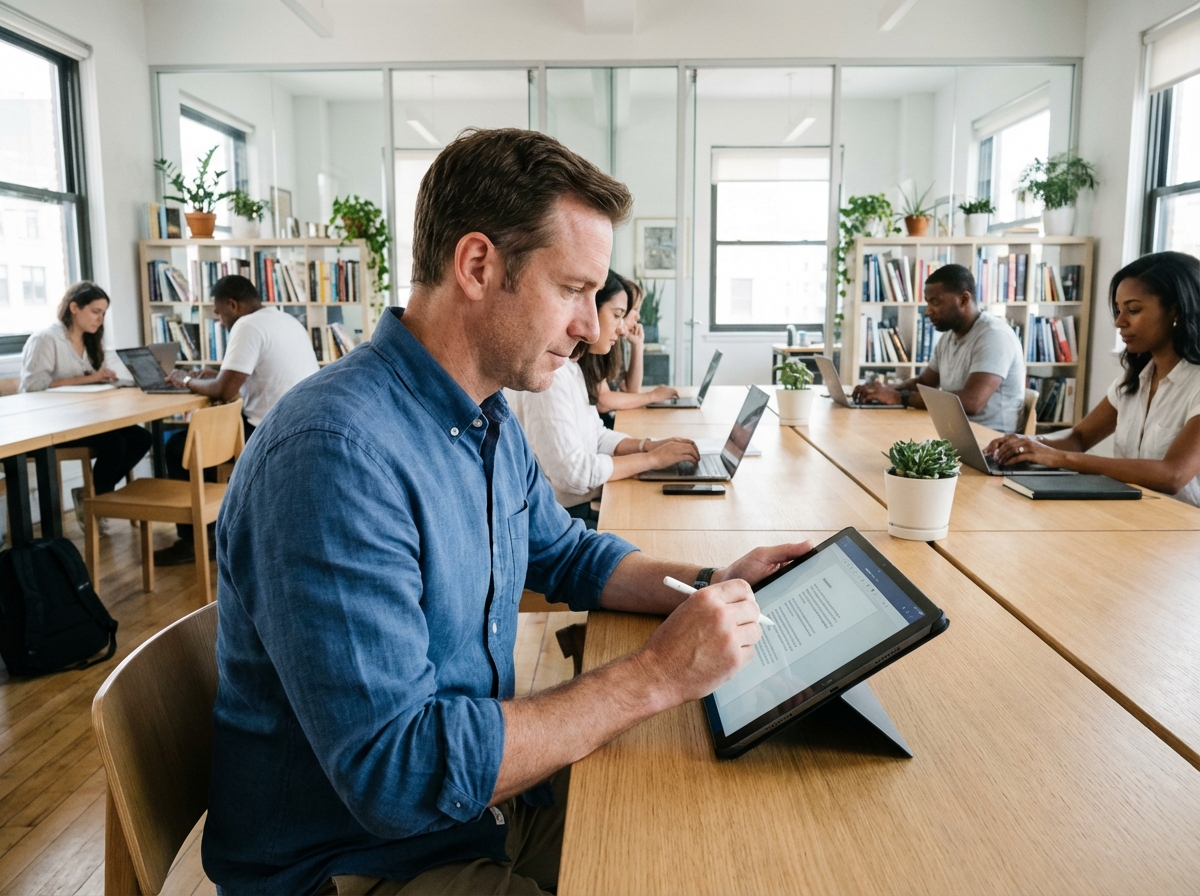 Homme utilisant une tablette dans un espace de travail collaboratif