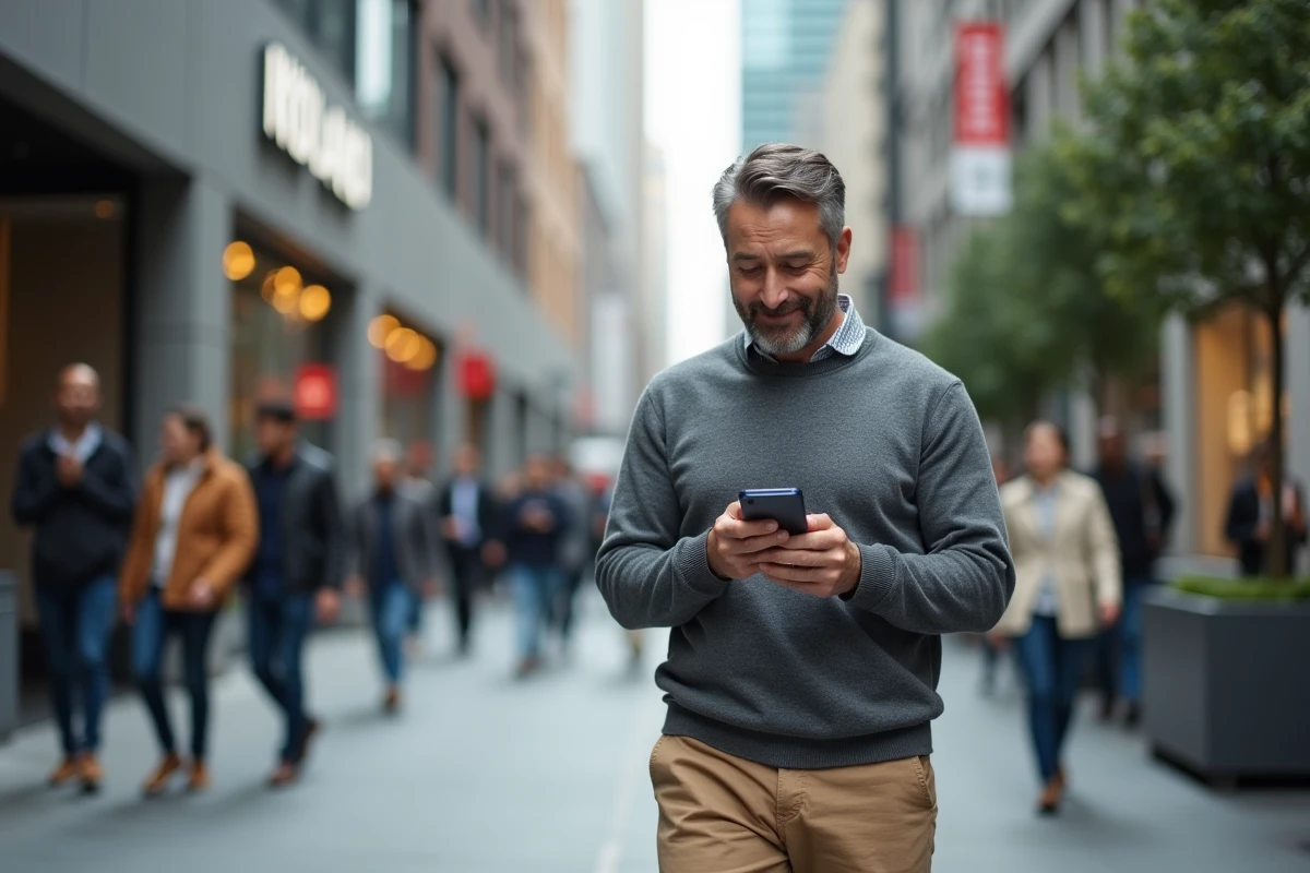 Homme dans la rue urbaine en train de taper sur son téléphone
