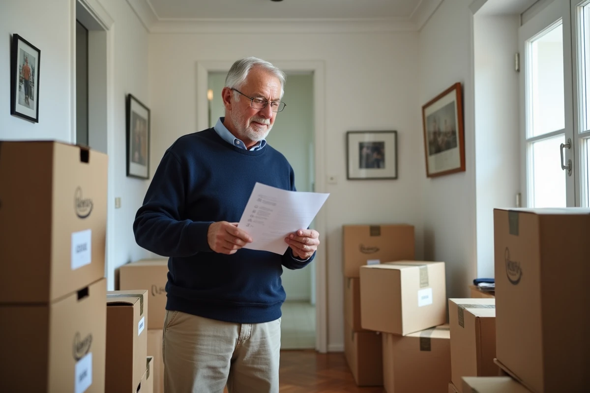 Homme âgé vérifiant une liste dans un couloir organisé