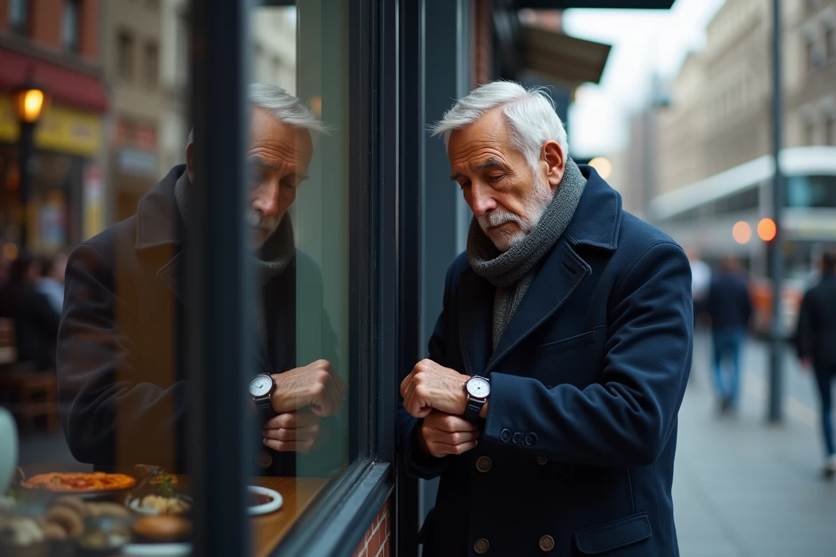 Homme âgé regardant sa montre près d une fenêtre de café