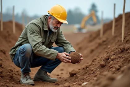 Ingénieur civil examinant un échantillon de sol sur un terrain de construction compliqué avant les travaux de fondation