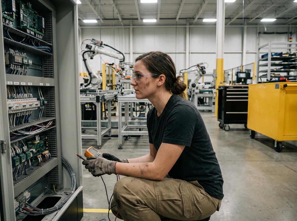Ingénieure en maintenance vérifiant un panneau de contrôle