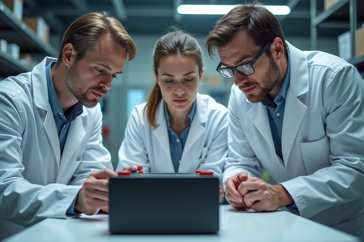 Groupe d'ingénieurs examinant un prototype de batterie sodium-ion