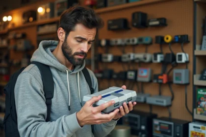 Homme inspectant une console SNES rétro dans un marché aux puces électronique avant l'achat