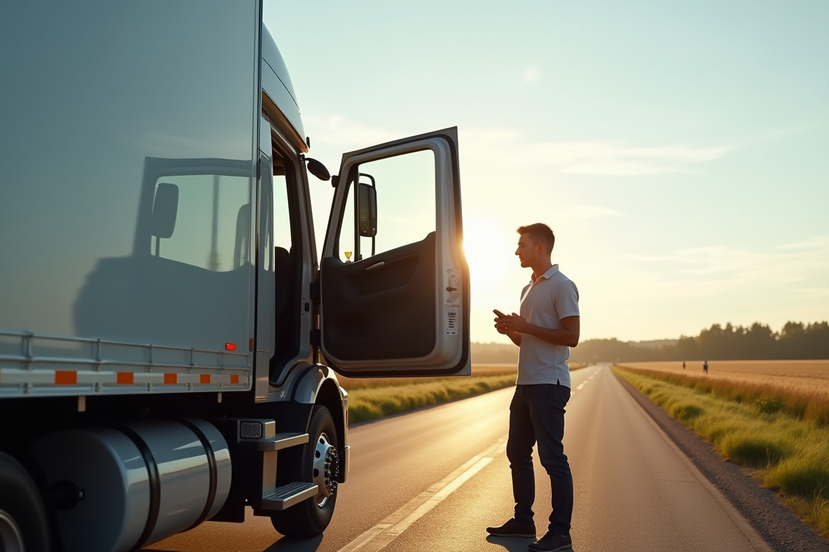 Vendeur inspectant un camion semitrailer en campagne en plein jour