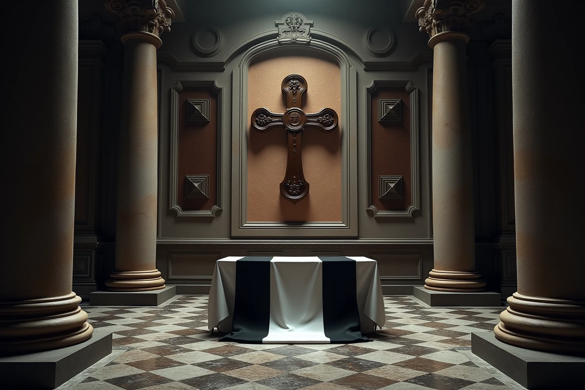 Intérieur solennel d'une loge maçonnique avec croix templière sculptée et motifs symboliques sur boiseries sombres