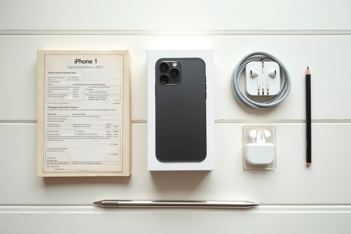 Flat lay vue du dessus d'un iPhone 1 dans sa boîte d'origine avec accessoires et document d'expertise sur bureau en bois blanc