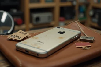 iPhone 1 première génération posé sur un tapis en cuir dans une boutique de collectibles avec étiquette de prix et loupe de collectionneur