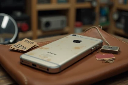 iPhone 1 première génération posé sur un tapis en cuir dans une boutique de collectibles avec étiquette de prix et loupe de collectionneur
