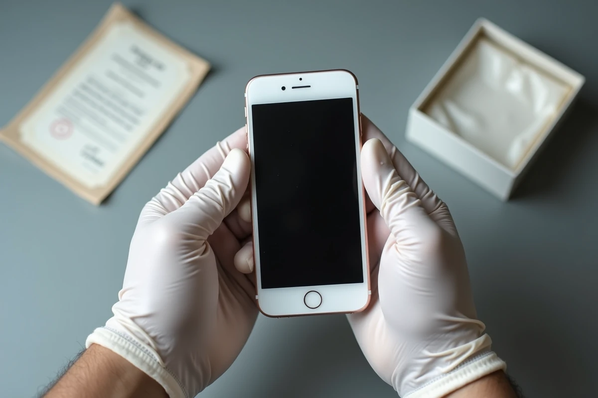 Mains gantées tenant délicatement un iPhone 1 vintage avec certificat d'authenticité et boîte de collectionneur en arrière-plan flou