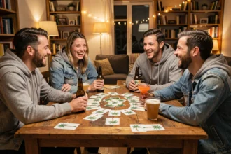 Groupe d'amis jouant au jeu de cartes Palmier autour d'une table en bois avec des boissons lors d'une soirée en appartement
