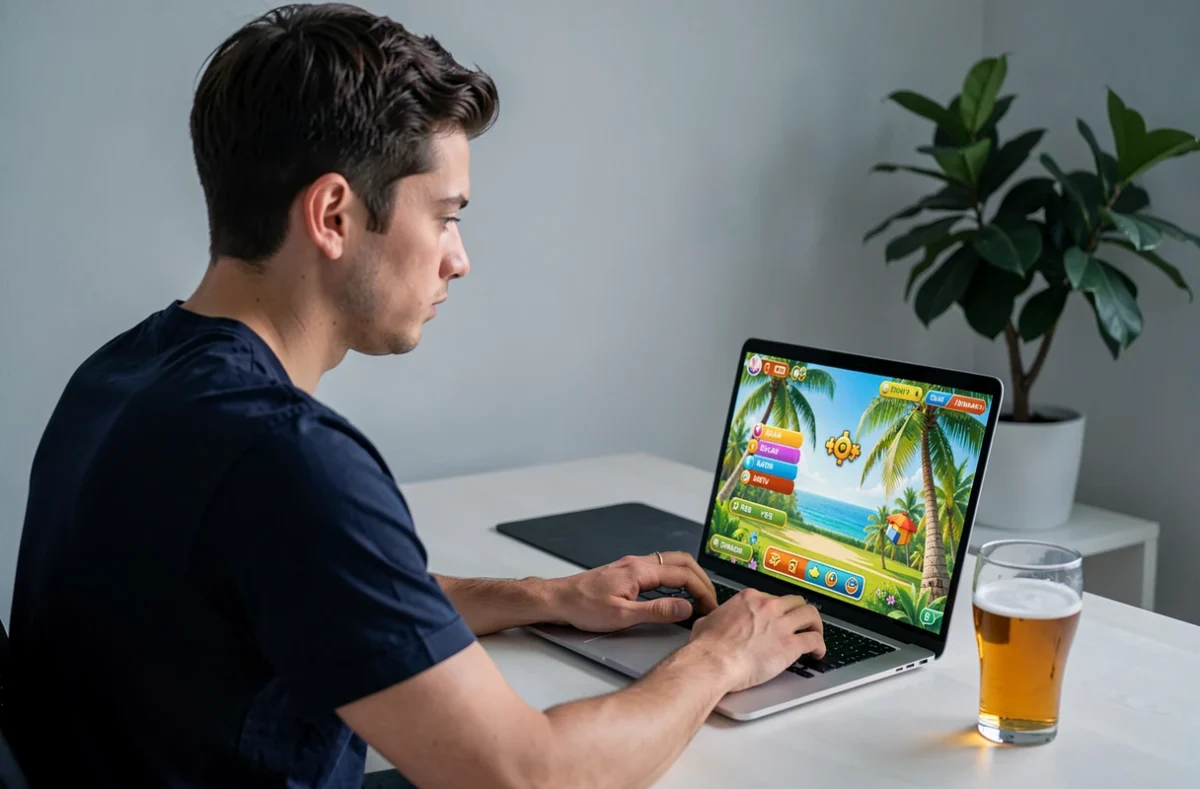 Jeune homme jouant au jeu Palmier en version numérique sur un ordinateur portable dans un bureau moderne à domicile