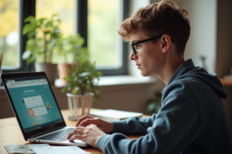 Jeune adulte utilisant un ordinateur pour banque en ligne