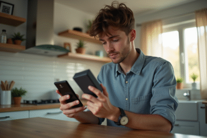 Jeune adulte comparant prix sur smartphone avec e-cigarette