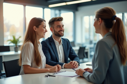 Jeune couple à l'agence de location de véhicules