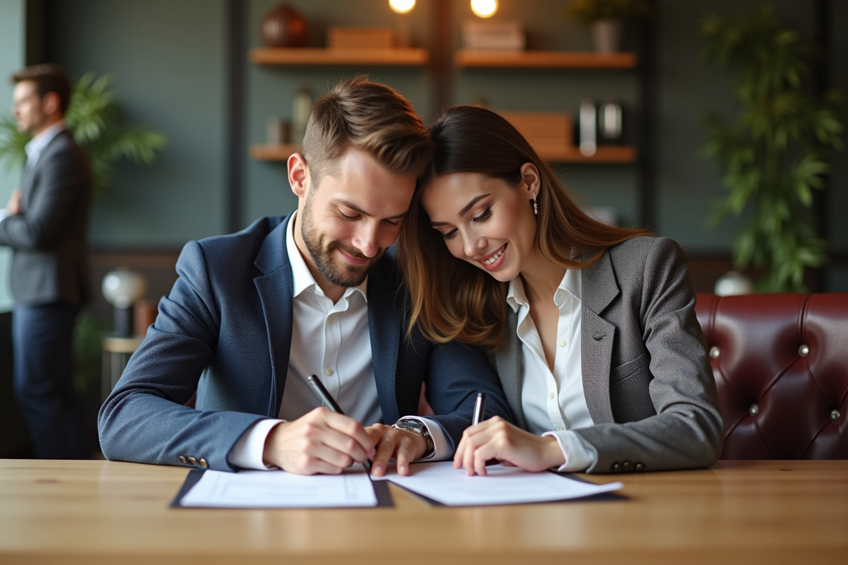 Jeune couple signant des documents d