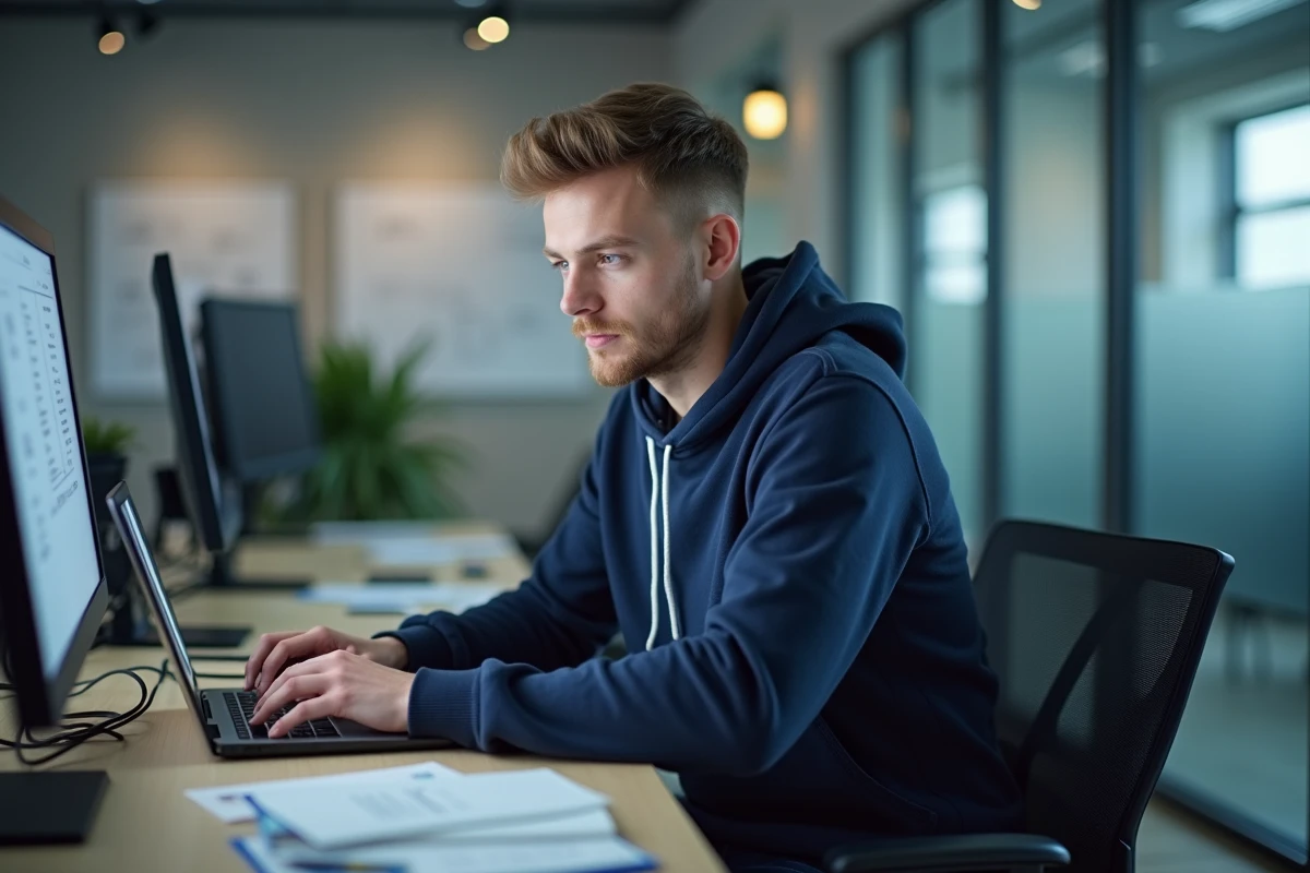 Jeune developpeur en hoodie concentré sur son ordinateur en open space