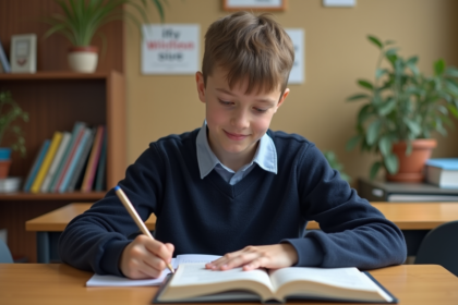 Jeune garçon concentré en classe avec livres et cahier