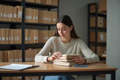 Jeune femme examinant des dossiers dans un bureau d'archives