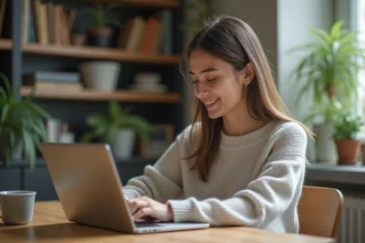 Jeune femme au bureau regardant son écran d'ordinateur