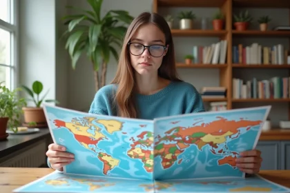 Jeune femme examine deux cartes du monde sur la table