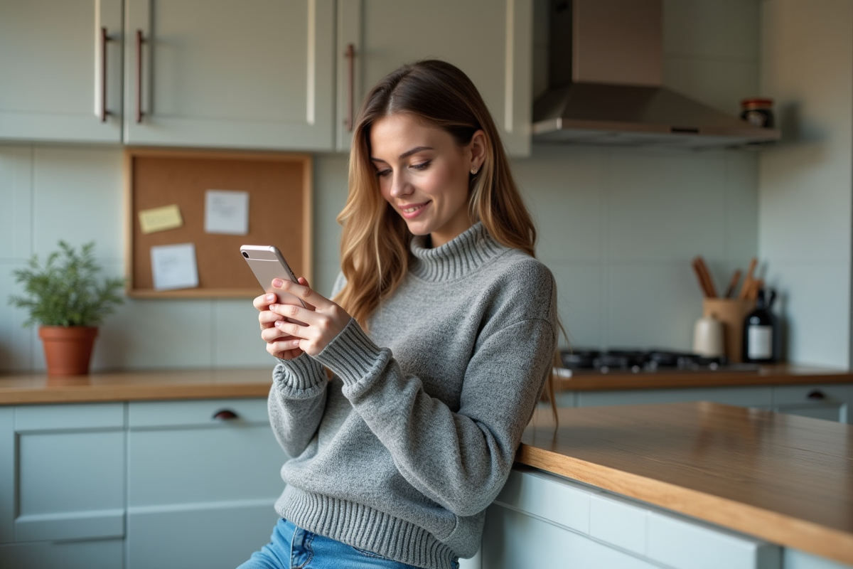 Jeune femme utilisant un smartphone dans la cuisine