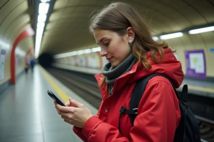 Jeune femme en rouge sur plateforme de métro à Toulouse