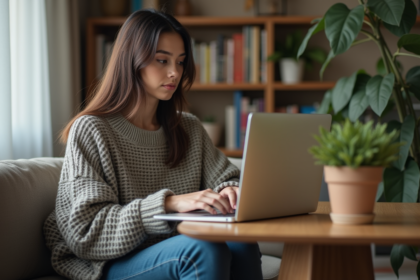 Jeune femme en train de taper sur son ordinateur à la maison