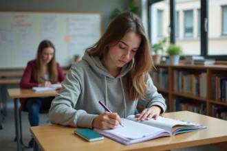 Jeune femme en étude organisée avec planner et téléphone