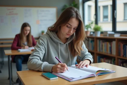 Jeune femme en étude organisée avec planner et téléphone