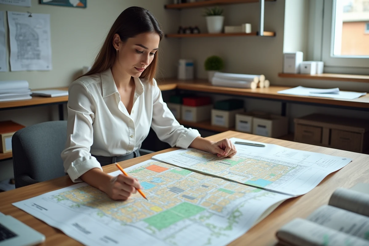 Jeune femme planificatrice étudie cartes en intérieur