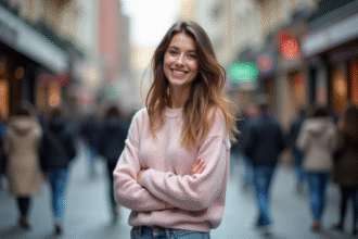 Jeune femme souriante dans une rue urbaine animée