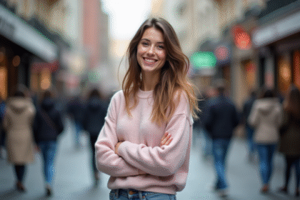 Jeune femme souriante dans une rue urbaine animée