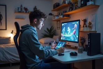 Jeune homme concentré jouant sur une tablette dans sa chambre gaming