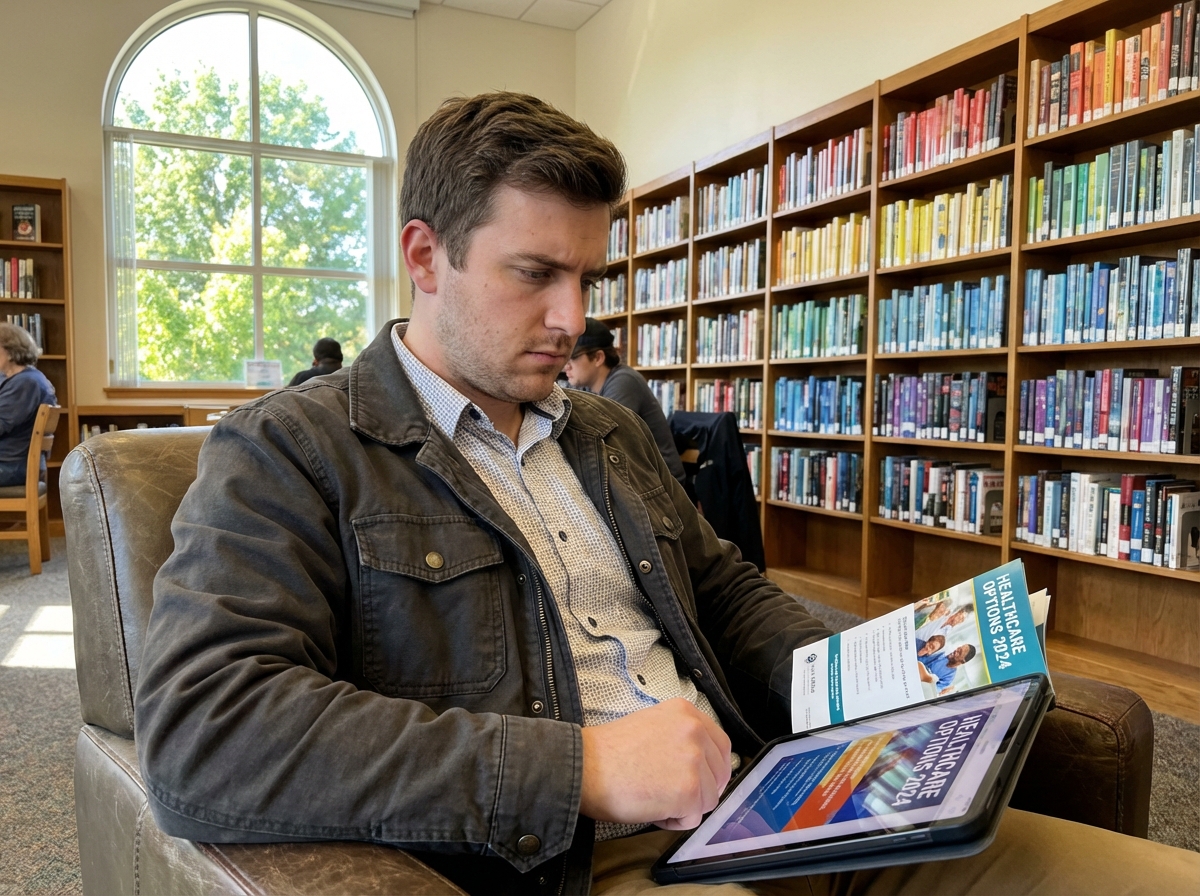 Jeune homme lisant des brochures dans une bibliothèque lumineuse