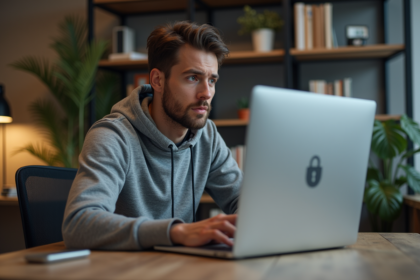 Jeune homme en bureau avec notification VPN déconnecté