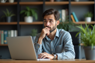 Jeune homme en bureau regardant son ordinateur