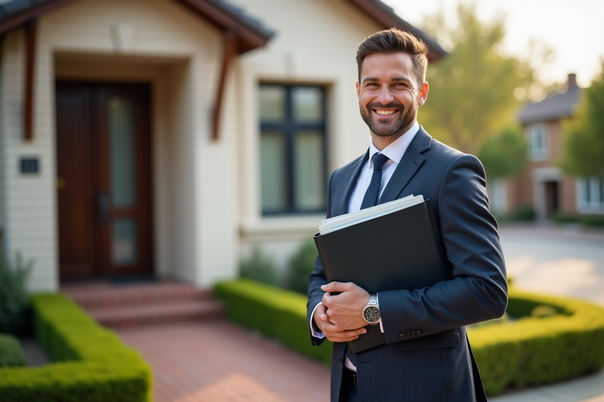 Jeune homme professionnel devant une maison rénovée