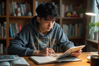 Jeune homme lisant des livres et une tablette manga à la maison