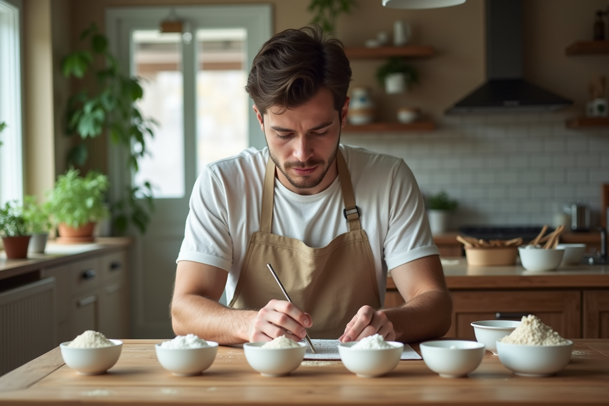 Jeune homme lisant une recette avec des bols de farines alternatives