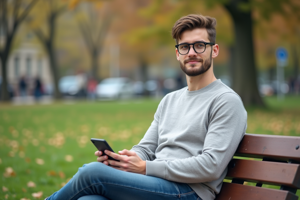 Jeune homme portant des lunettes connectées dans un parc urbain