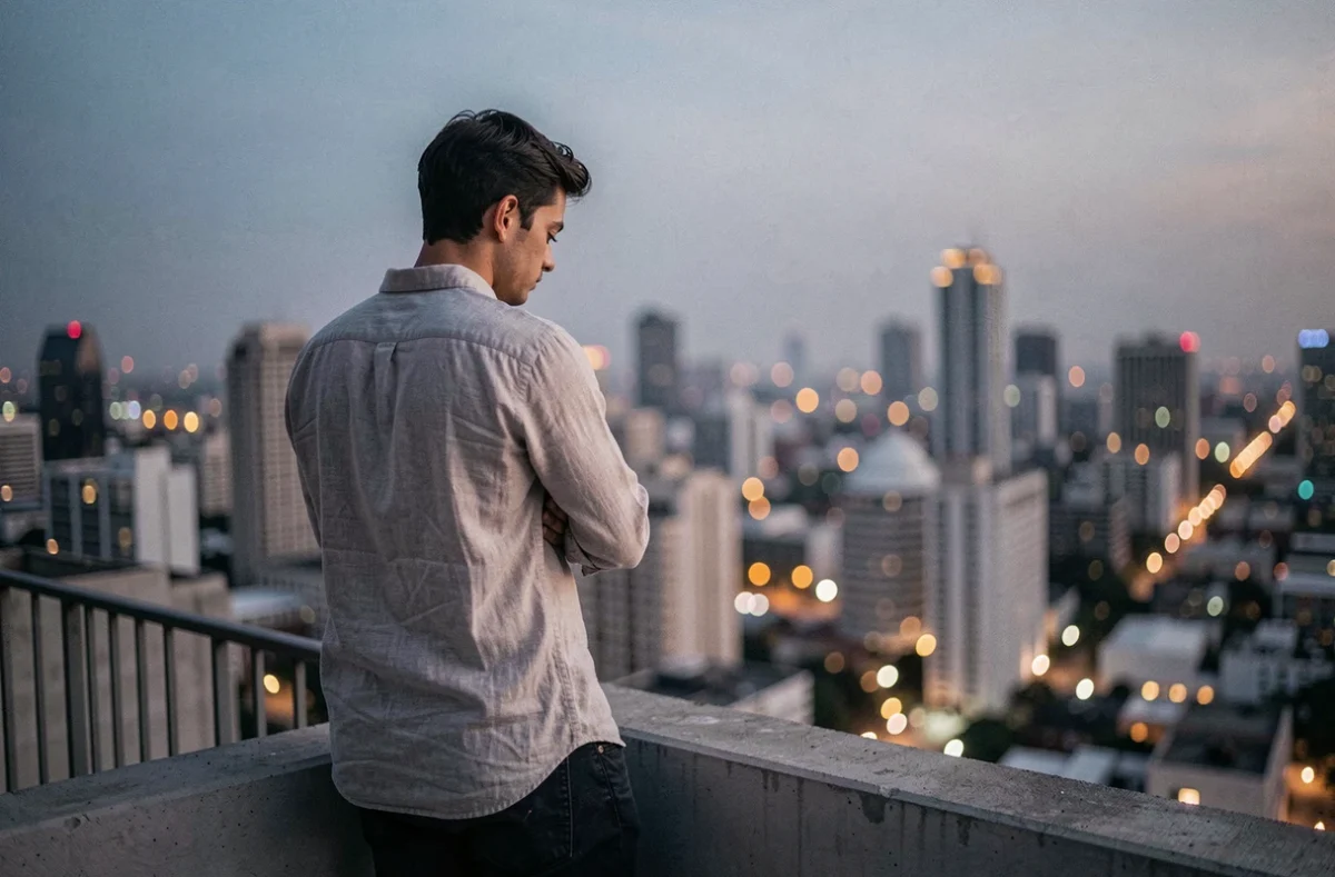Jeune homme solitaire sur un toit en ville au crépuscule, symbolisant la solitude au milieu de l'agitation urbaine