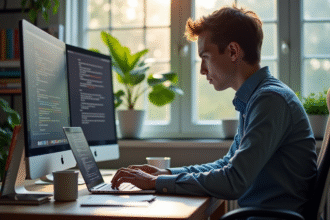 Jeune professionnel utilisant un ordinateur portable au bureau moderne