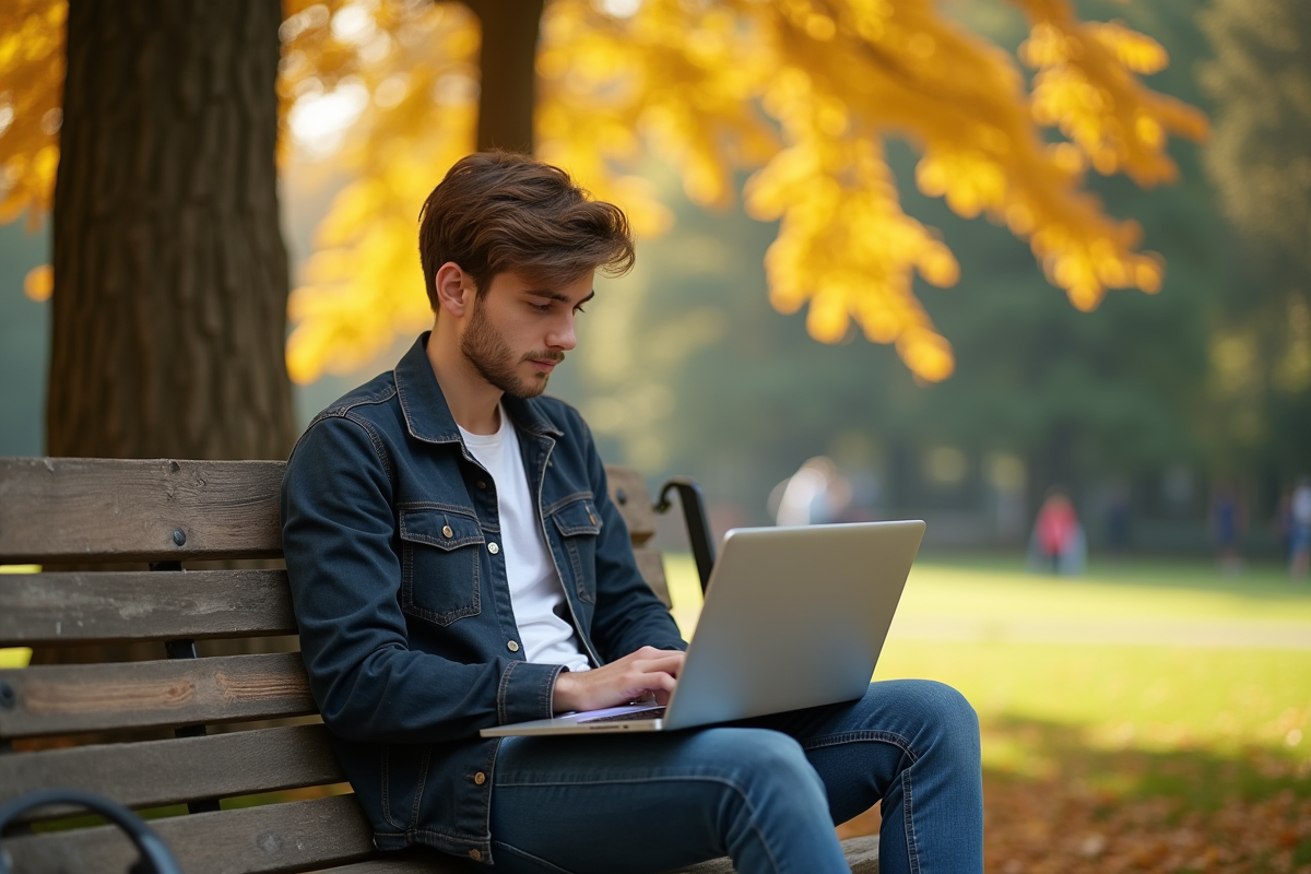 Jeune professionnel travaillant en plein air dans un parc ensoleille avec un ordinateur portable