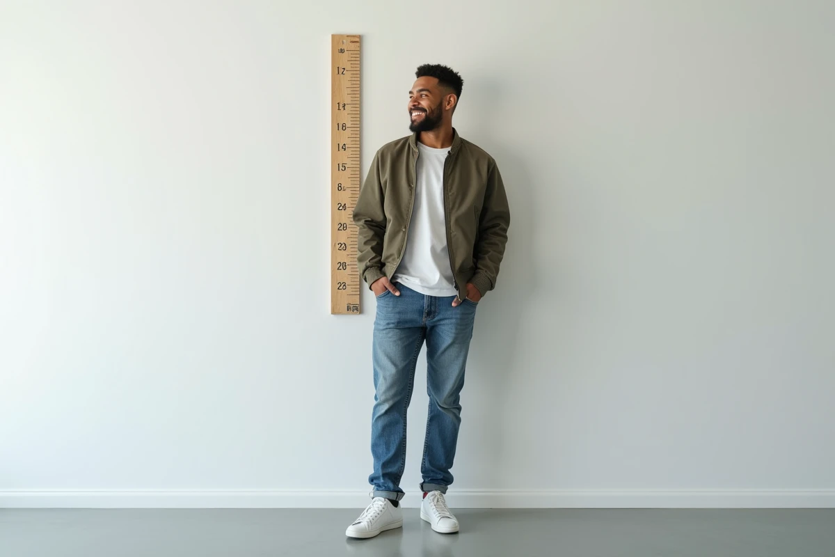 Jeune rappeur mesurant sa taille dans un studio