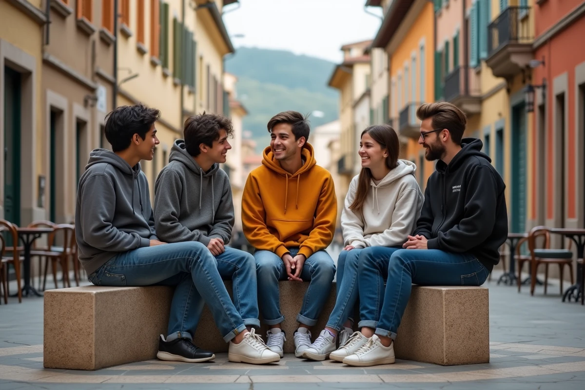 Jeunes discutant sur un banc dans une place de Mille